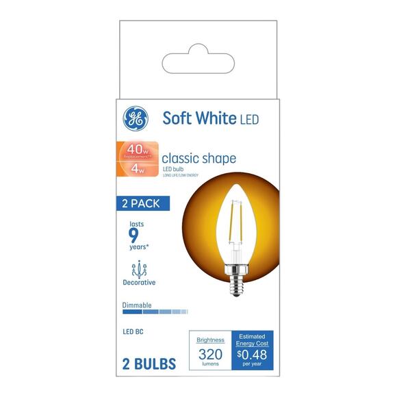 NEW GE Soft White 40W Decorative Candelabra Base LED 2 Light Bulbs E12 Dimmable! - Picture 2 of 7